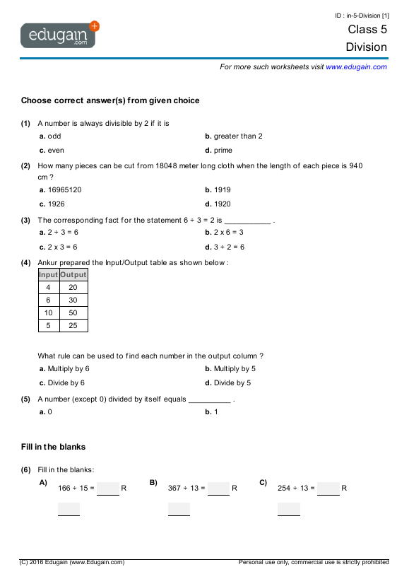 grade 5 division math practice questions tests worksheets quizzes assignments edugain europe